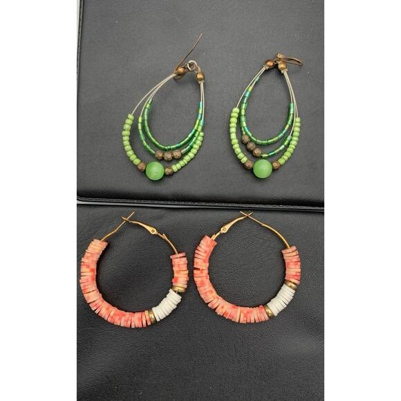 Lot Of 2 Pairs Of Coloful Beaded Teardrop & Pink & White Hoop Earrings Pierced - Picture 1 of 4